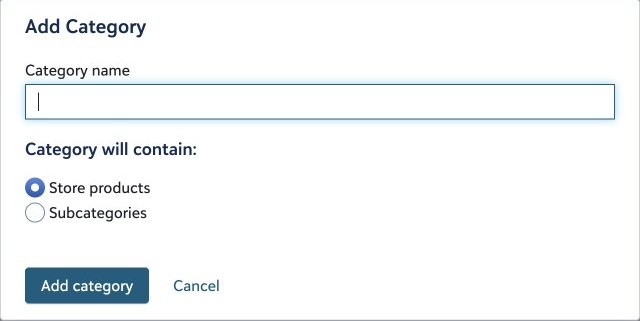 The Add category dialog in a store account