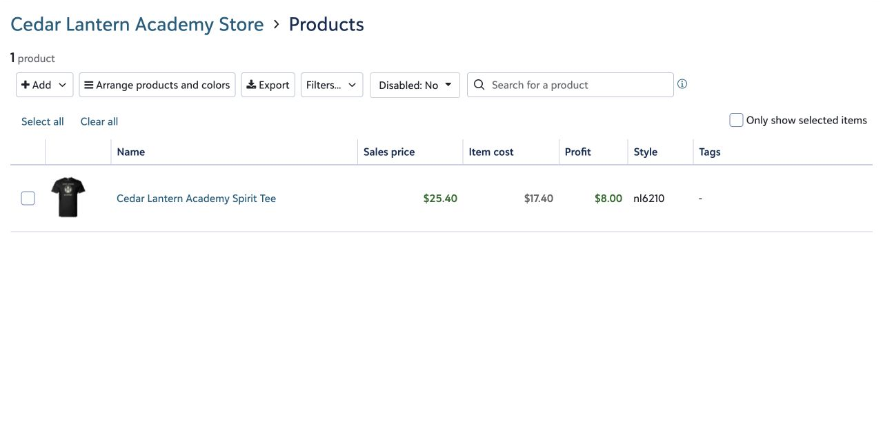 The Products page showing a saved product in the correct store