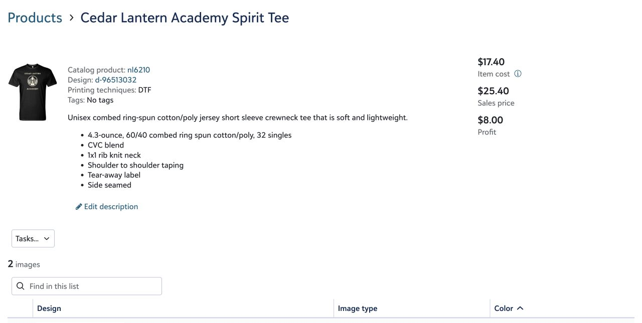 A saved product showing item cost, Sales price, and positive Profit