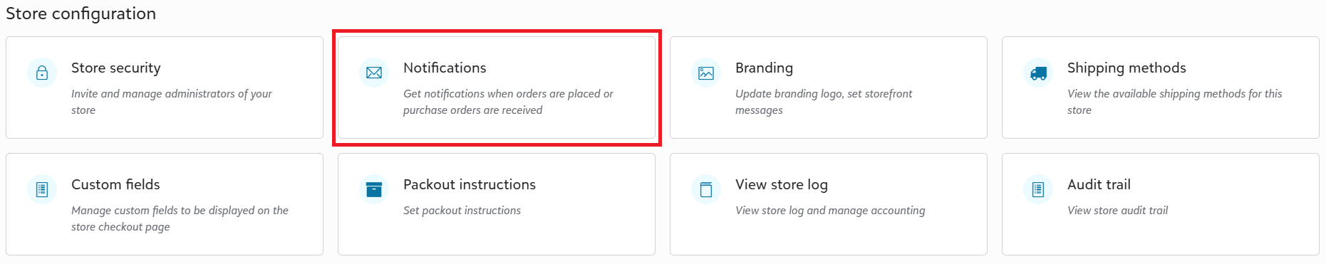The store Configuration area with Notifications highlighted