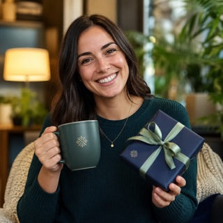 Person holding a branded gift box and mug