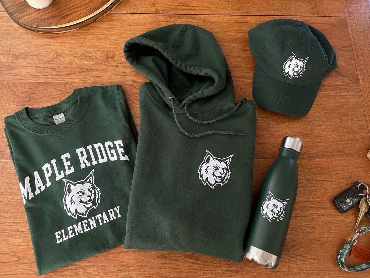 Custom school tee, hoodie, cap, and water bottle