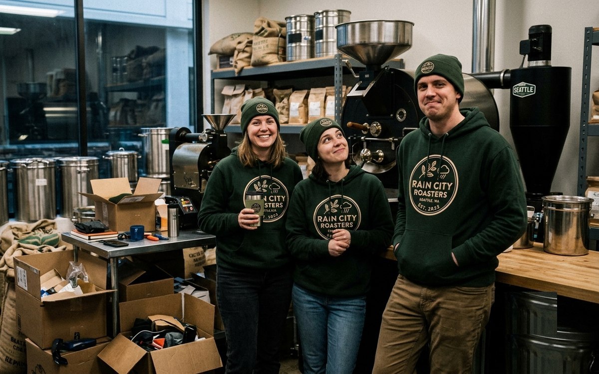Coffee roasting team in matching branded hoodies and beanies at their roastery