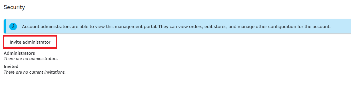 The Account security window with Invite administrator highlighted