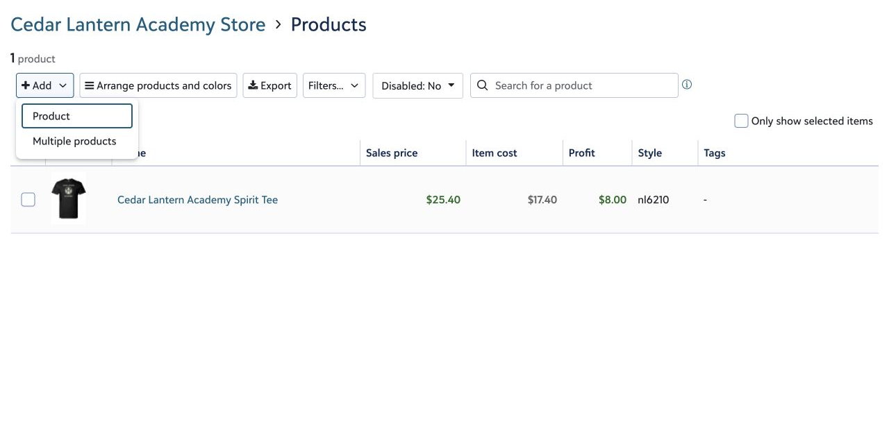 The Products page with the Add menu open and Product selected