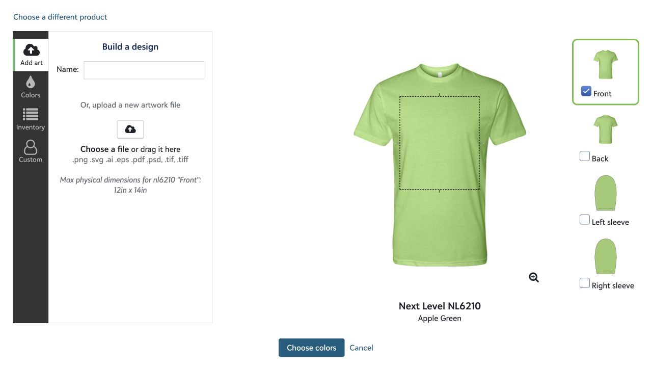 The product builder with the Add art control visible