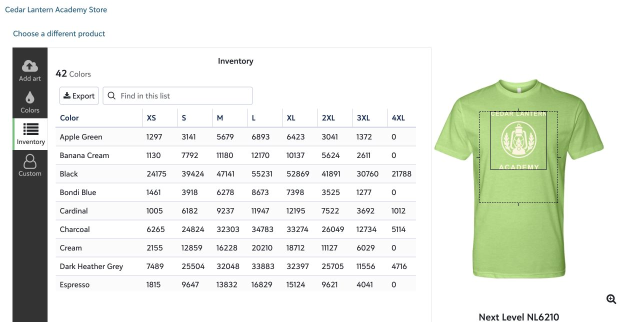 The product builder inventory table showing quantities by color and size