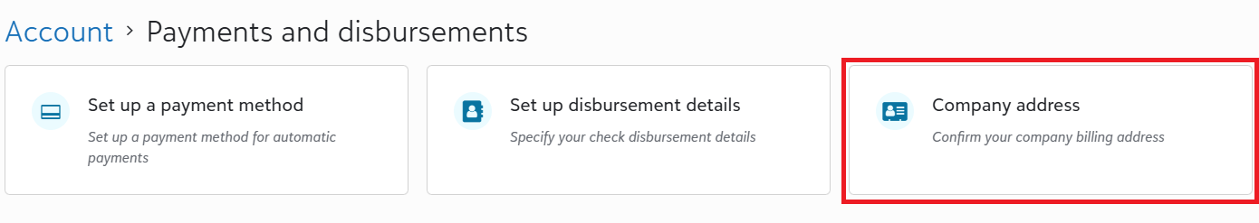 The Payments and disbursements page with Company address highlighted