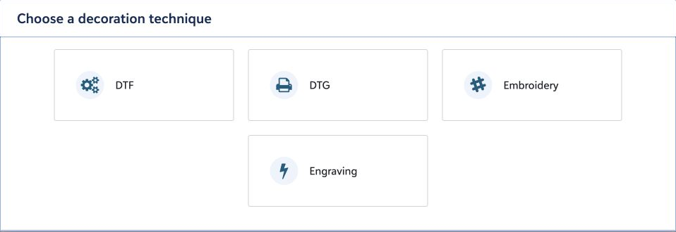 The product builder asking the user to choose a decoration technique