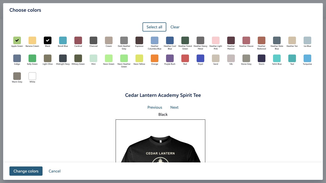 The Choose colors window with Apple Green and Black selected for the Cedar Lantern Academy Spirit Tee