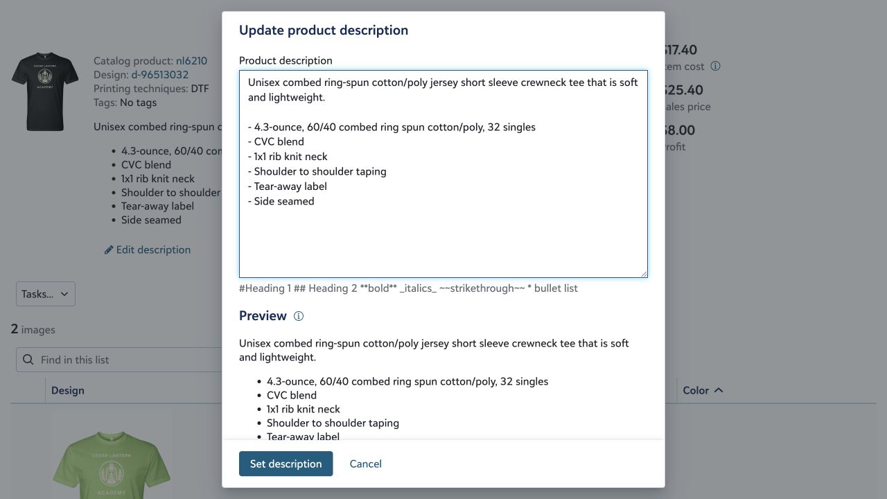 The Update product description window with editable text and a storefront preview