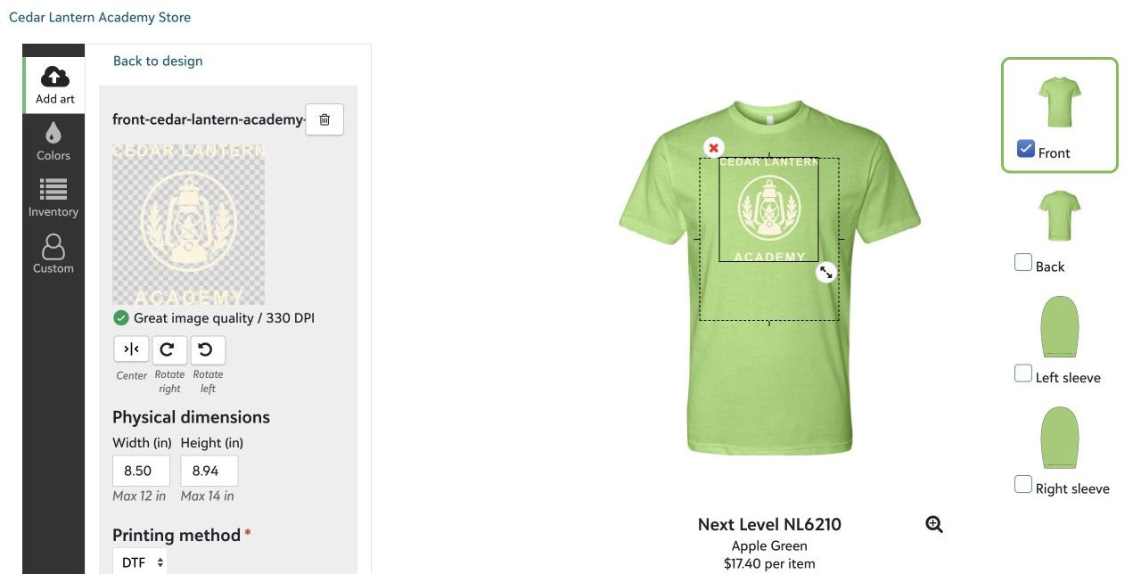 The Cedar Lantern product editor with centered artwork, 330 DPI, and physical dimensions visible