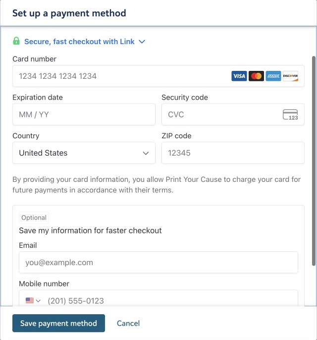 The secure payment-method form with card number, expiration, CVC, country, and ZIP fields