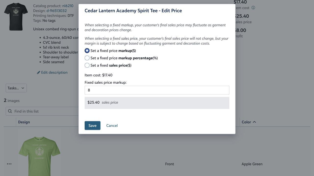 The price dialog with Fixed price markup selected