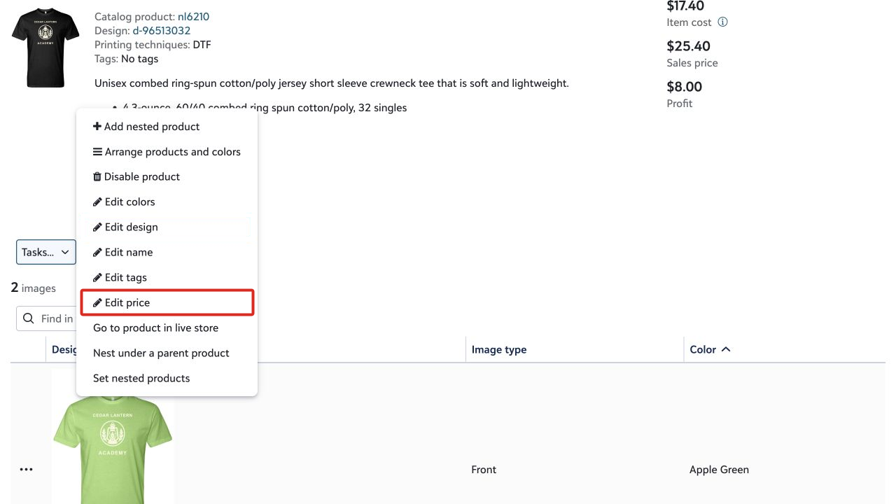 The product Tasks menu with Edit price highlighted