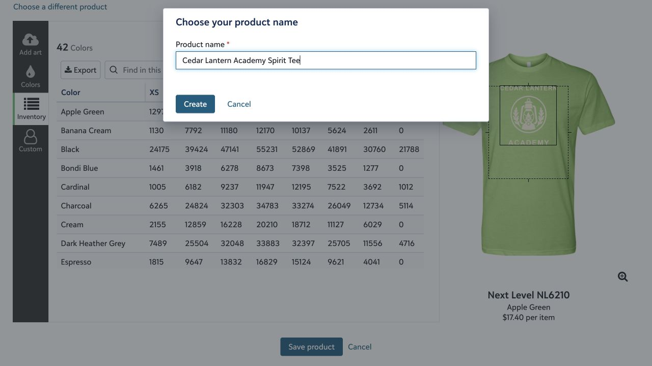 The save-product dialog with the Product name field