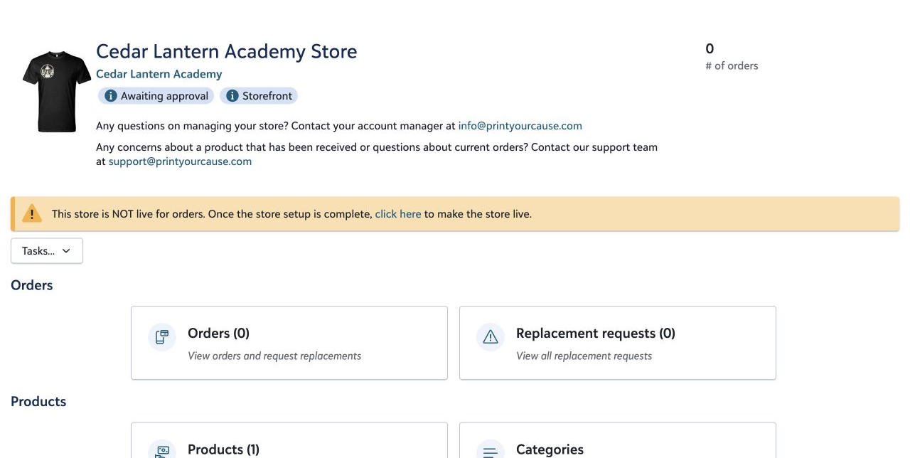 A store dashboard with an orange message containing the link to make the store live