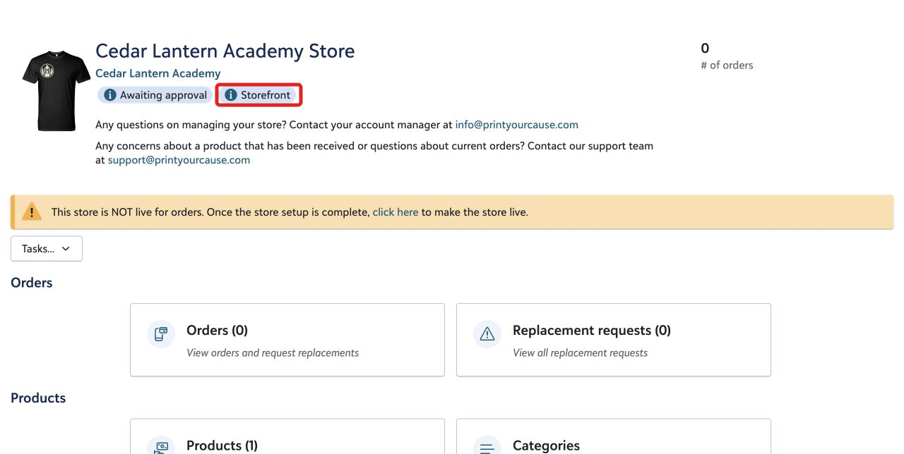 A store dashboard with a red outline around the Storefront link beside the Awaiting approval status
