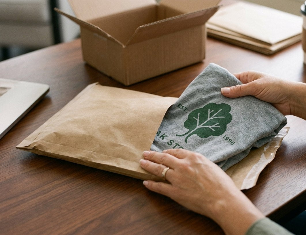 Custom tee arriving at home in a kraft mailer