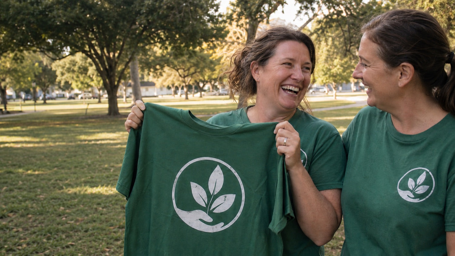 Two teammates laughing in a park while holding up a spare green logo tee