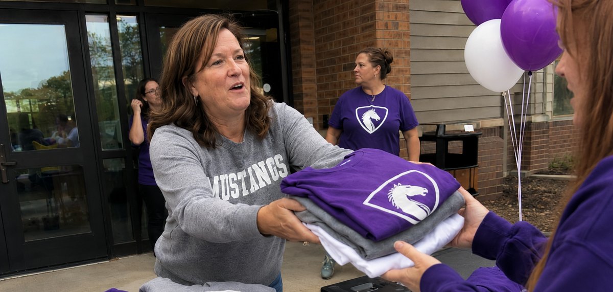 A PTA volunteer handing out folded custom school spirit wear at a fundraiser table
