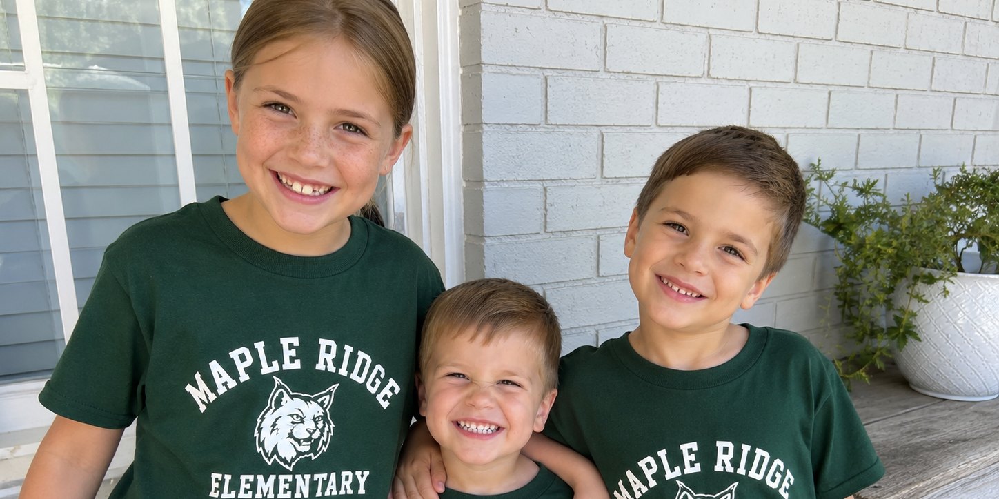 Three siblings smiling in matching custom green school spirit wear tees