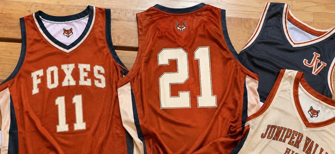 Custom basketball team jerseys with the team name, crest, and player numbers