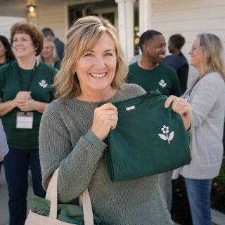 Donor holding a branded thank-you gift