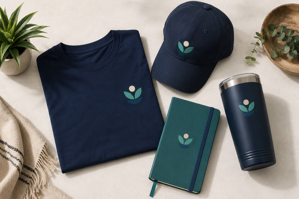 Branded company tee, cap, notebook, and drinkware